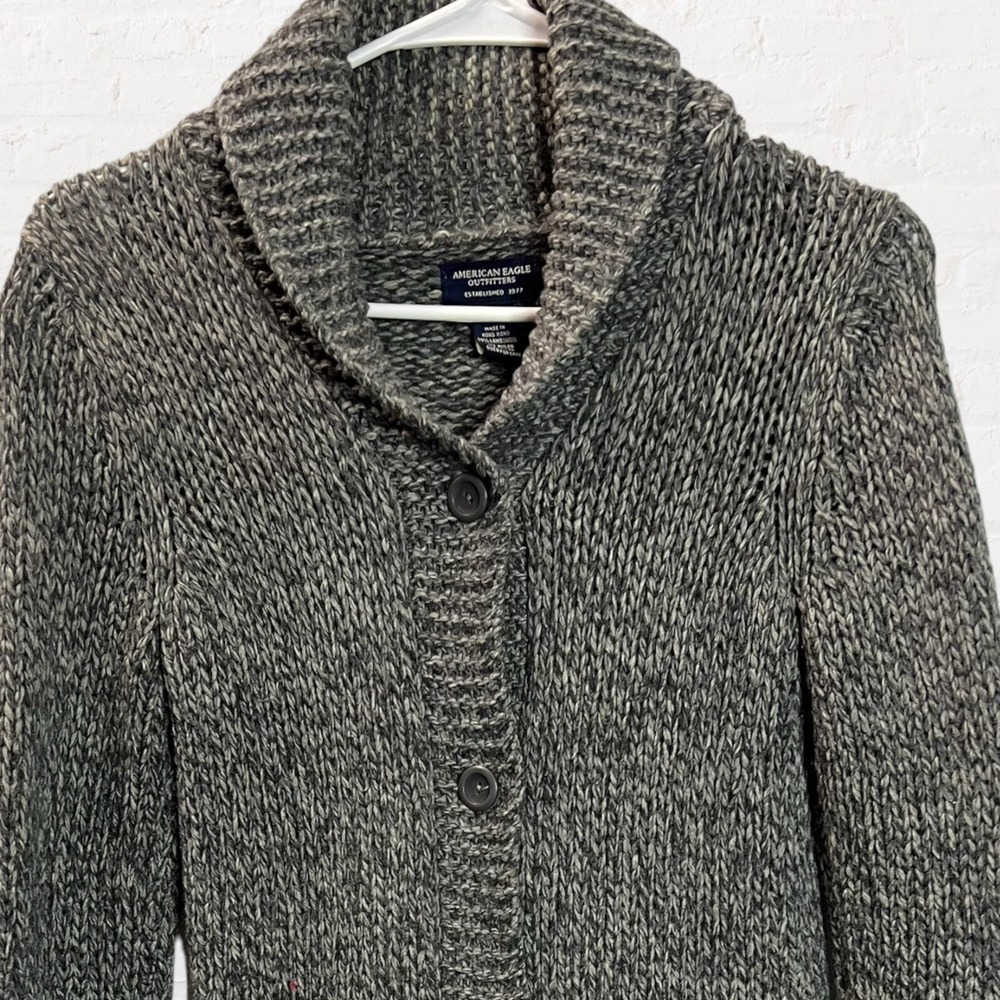 American Eagle Wool Blend Shawl Collar Button Cardigan Gray Neutral Sweater XS - Picture 3 of 8